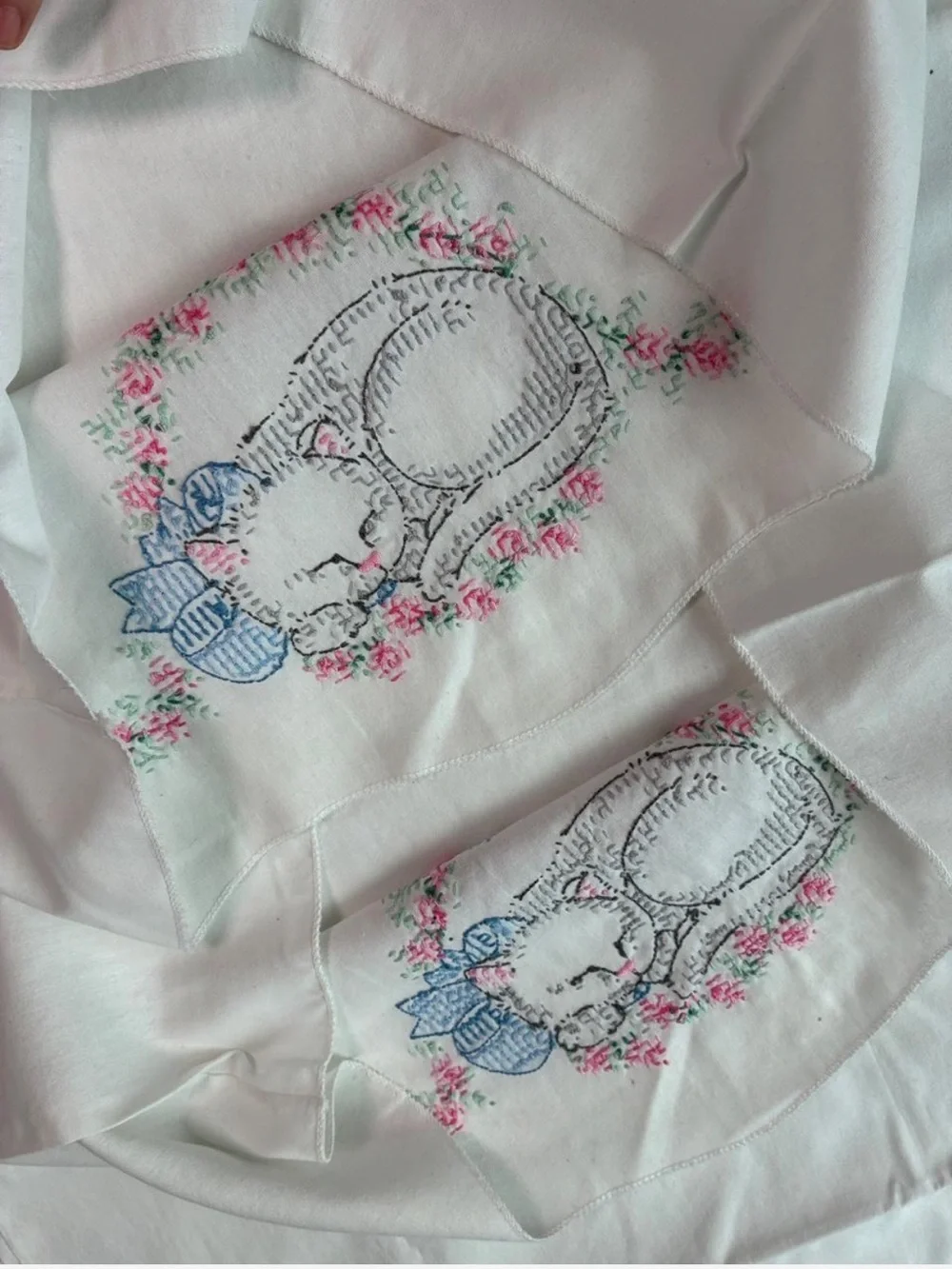 Hand Embroidered Sleeping Kitten Pillowcase Set of 2 Floral Bows Cross Stitched